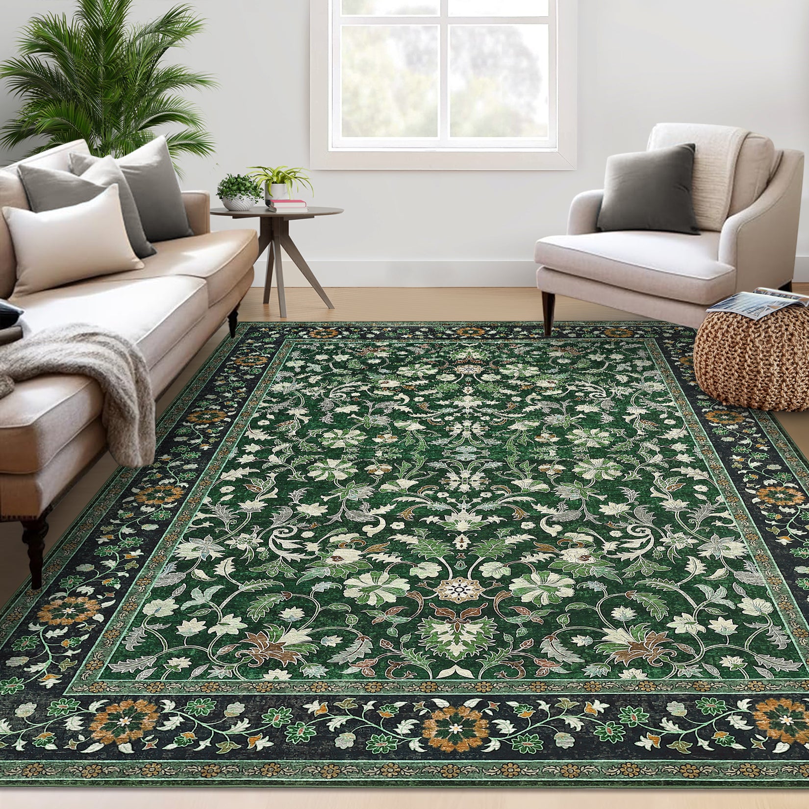 Garvee 9' × 12' Vintage Oriental Medallion Area Rug, Machine Washable Non-Slip Low-Pile Soft Rug for Living Room, Bedroom & Dining Room, Green