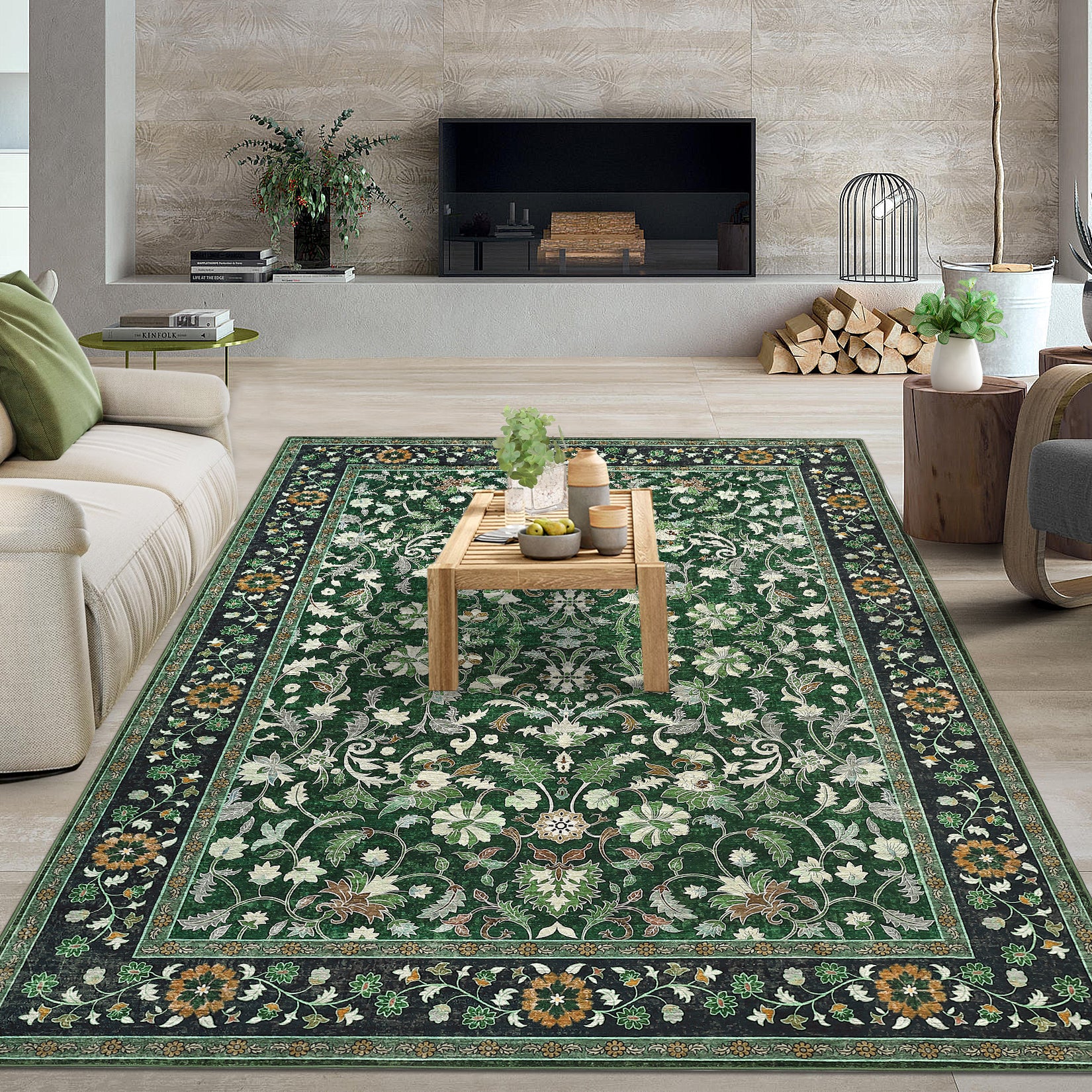 Garvee 9' × 12' Vintage Oriental Medallion Area Rug, Machine Washable Non-Slip Low-Pile Soft Rug for Living Room, Bedroom & Dining Room, Green