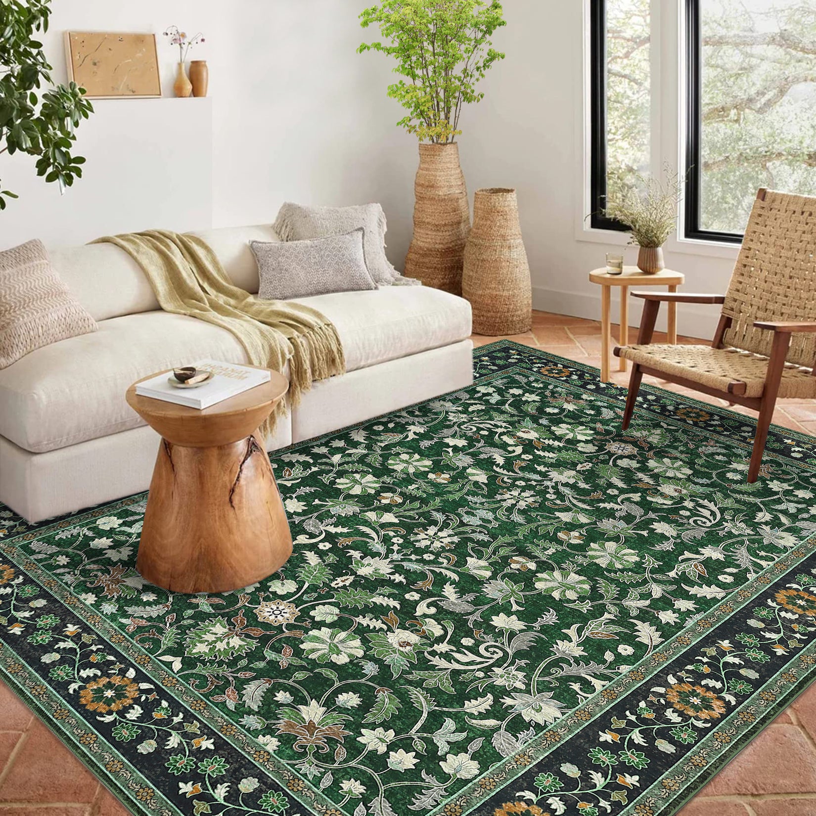 Garvee 9' × 12' Vintage Oriental Medallion Area Rug, Machine Washable Non-Slip Low-Pile Soft Rug for Living Room, Bedroom & Dining Room, Green