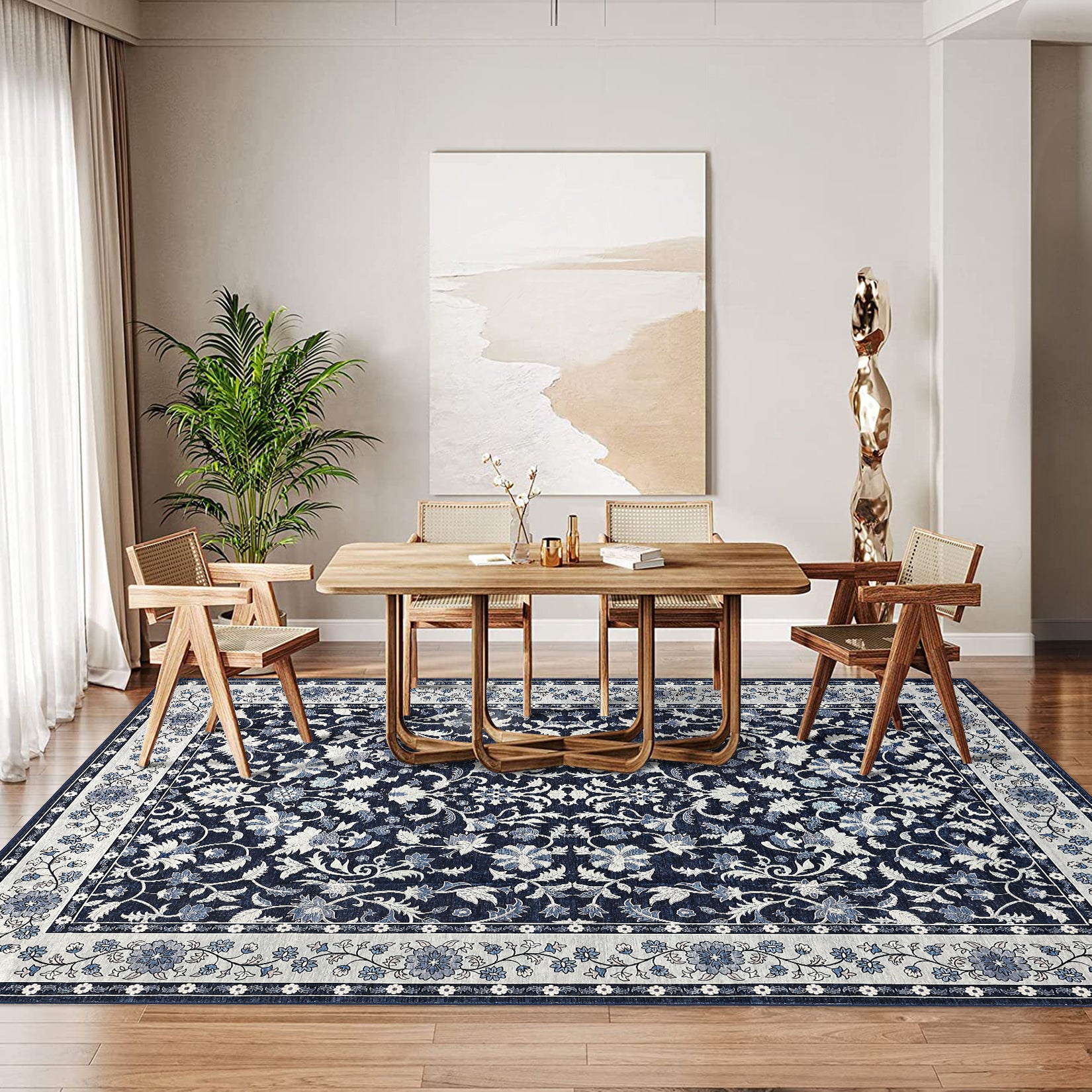 Garvee 8' × 10' Vintage Oriental Medallion Area Rug, Machine Washable Non-Slip Low-Pile Soft Rug for Living Room, Bedroom & Dining Room, Blue