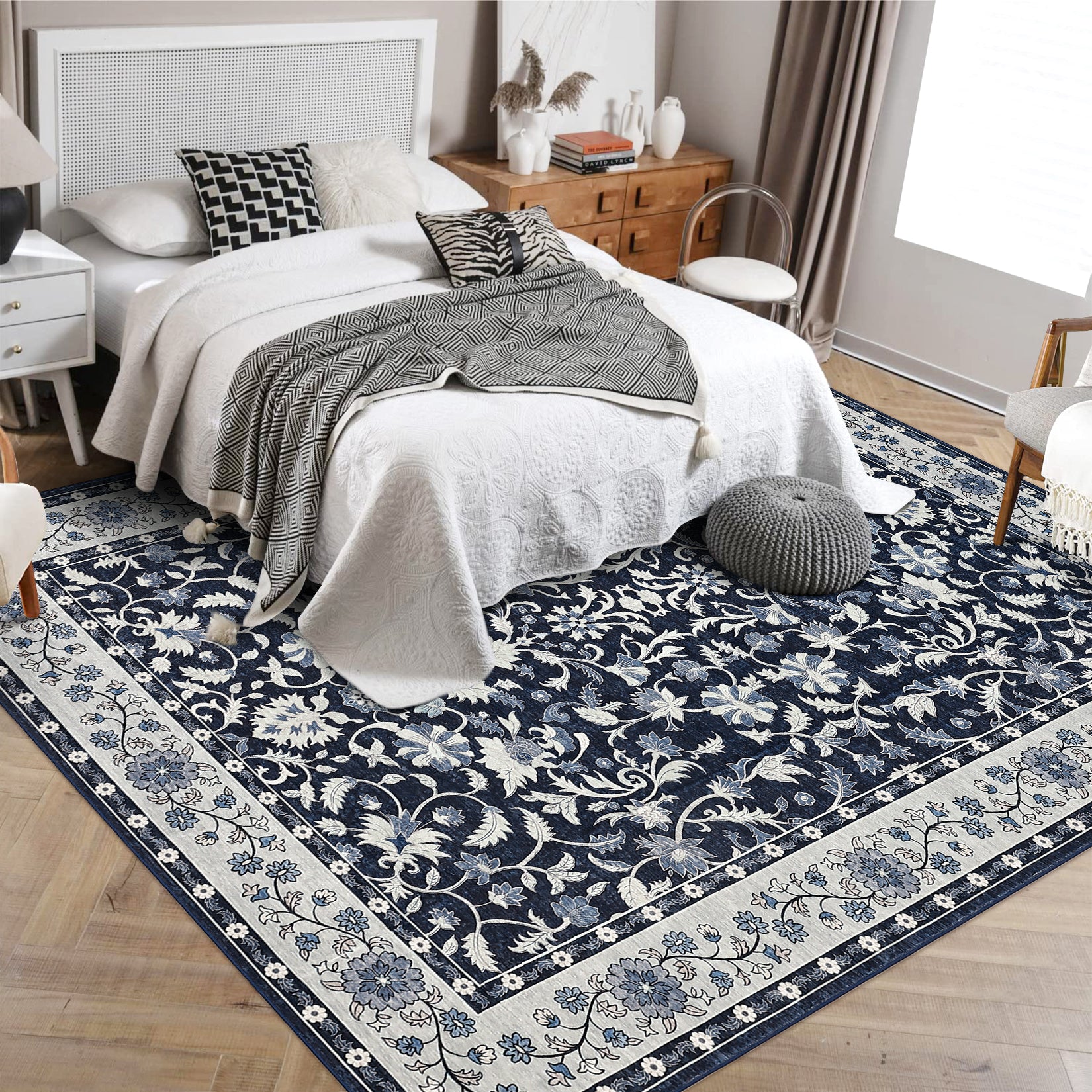 Garvee 8' × 10' Vintage Oriental Medallion Area Rug, Machine Washable Non-Slip Low-Pile Soft Rug for Living Room, Bedroom & Dining Room, Blue