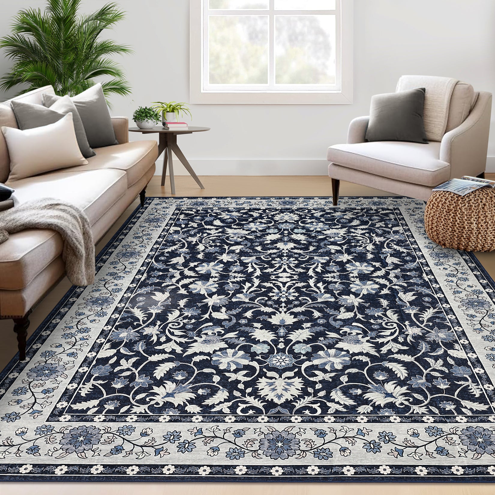 Garvee 8' × 10' Vintage Oriental Medallion Area Rug, Machine Washable Non-Slip Low-Pile Soft Rug for Living Room, Bedroom & Dining Room, Blue