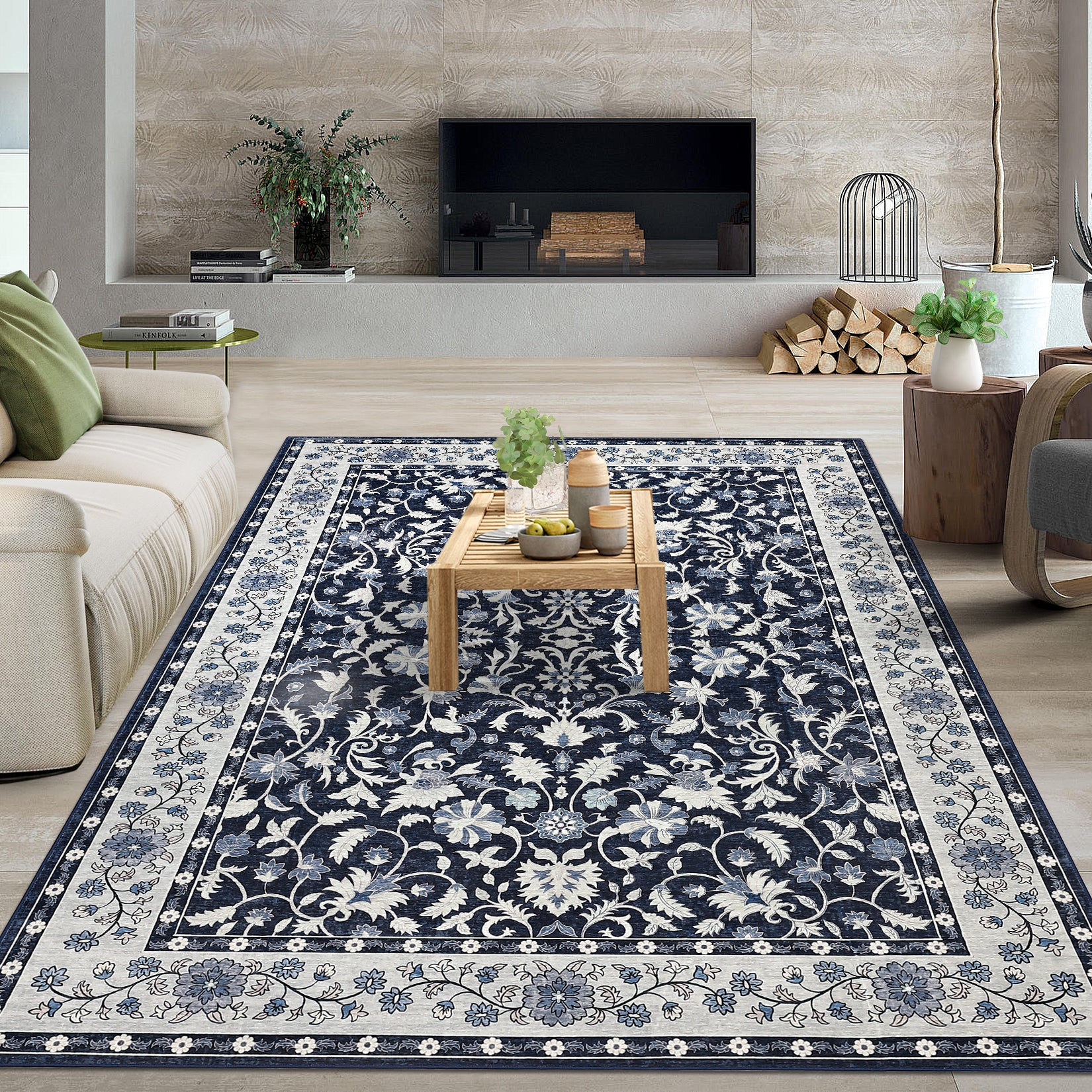 Garvee 8' × 10' Vintage Oriental Medallion Area Rug, Machine Washable Non-Slip Low-Pile Soft Rug for Living Room, Bedroom & Dining Room, Blue