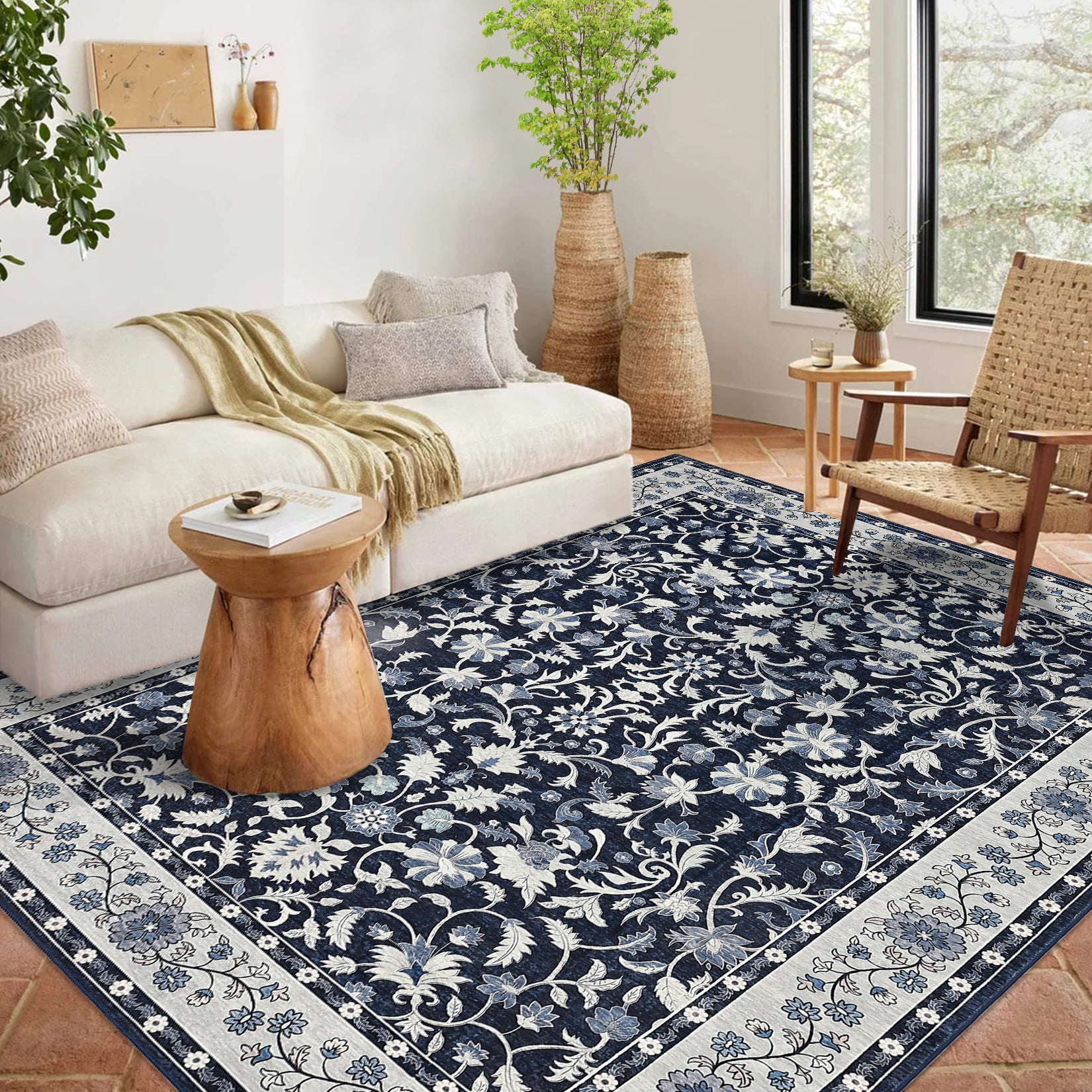 Garvee 8' × 10' Vintage Oriental Medallion Area Rug, Machine Washable Non-Slip Low-Pile Soft Rug for Living Room, Bedroom & Dining Room, Blue