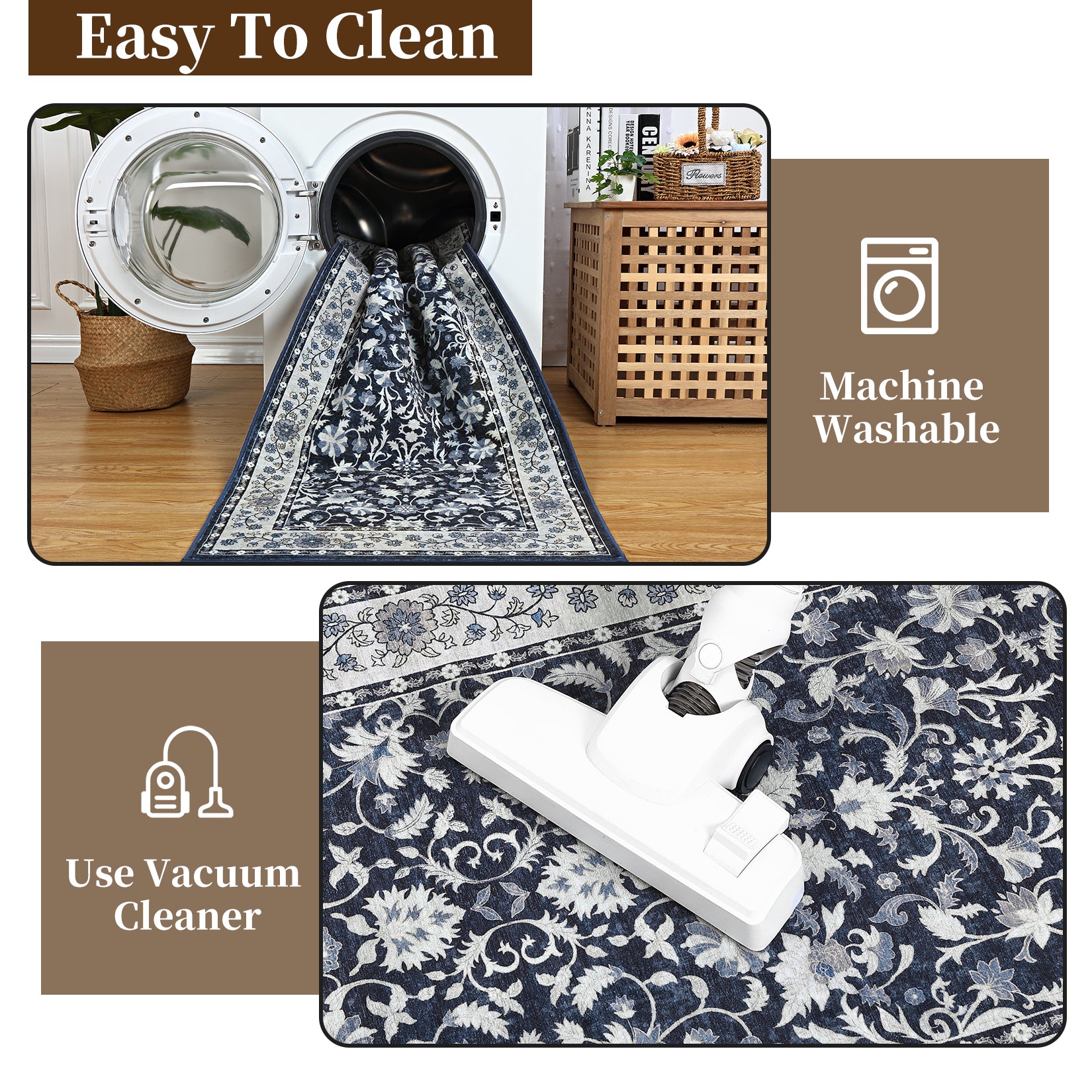 Garvee 8' × 10' Vintage Oriental Medallion Area Rug, Machine Washable Non-Slip Low-Pile Soft Rug for Living Room, Bedroom & Dining Room, Blue