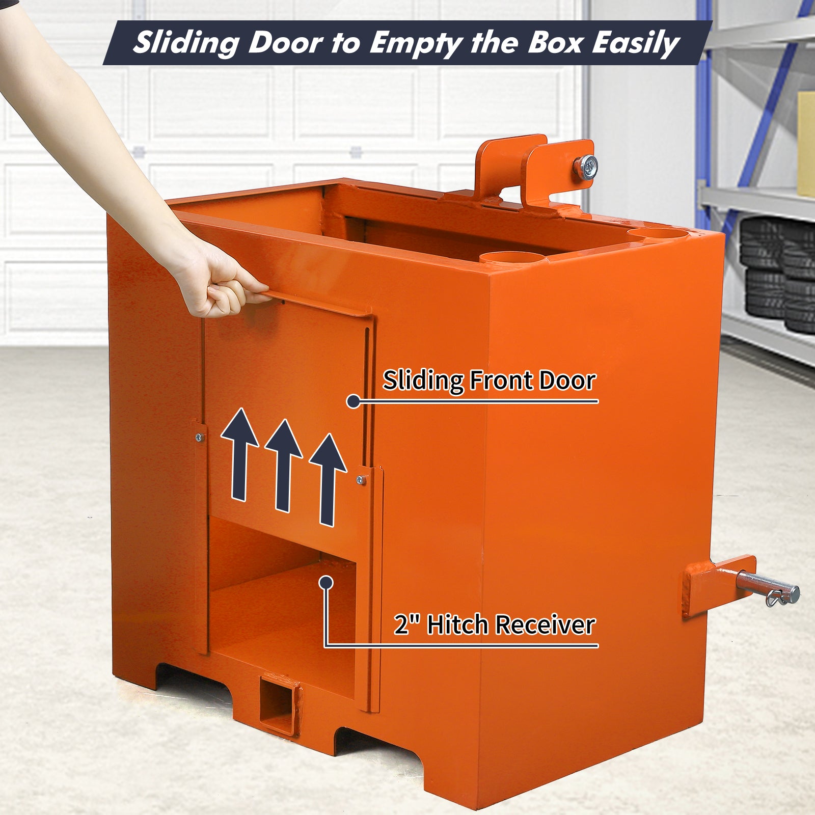 Garvee 3 Point Ballast Box, 800 LBS Capacity, Standard 2 in Hitch Receiver, Fits Category 1 Tractor Attachment, with 5cu.ft Volume, Heavy Duty Steel