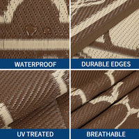 Garvee Outdoor Rug 8x10 Waterproof Reversible Patio Rug Non Slip Foldable Plastic Straw Carpet Brown Trellis for Deck Porch RV Camping, Peony Brown