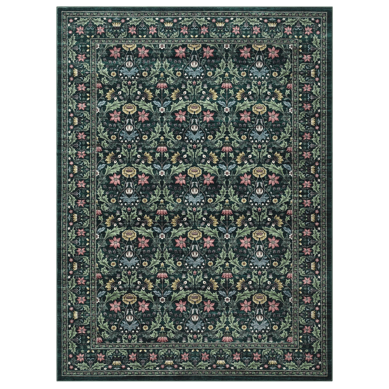 Garvee Washable 5x7 Area Rug Non-Slip Low Pile Stain Resistant Soft Carpet Vintage Floral Oriental Home Decor Green