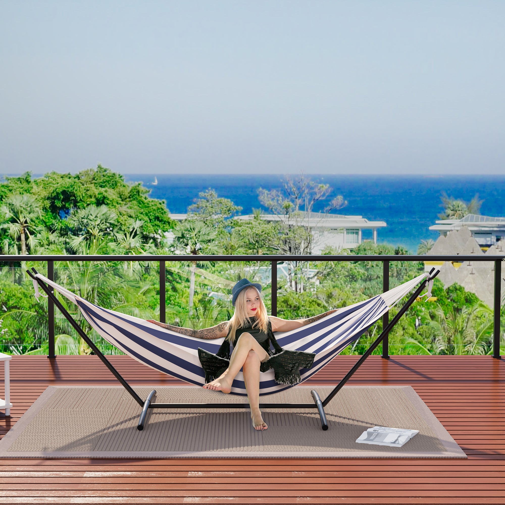 Garvee Heavy Duty Double Cotton Hammock with Steel Stand for 2