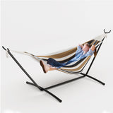 Garvee Tan & Black Wide Stripe Double Hammock with Collapsible Steel Stand, 450 lbs 2-Person Portable Hammock with Storage Bag for Backyard, Patio, Camping & Beach - Tan & Black Wide Stripe