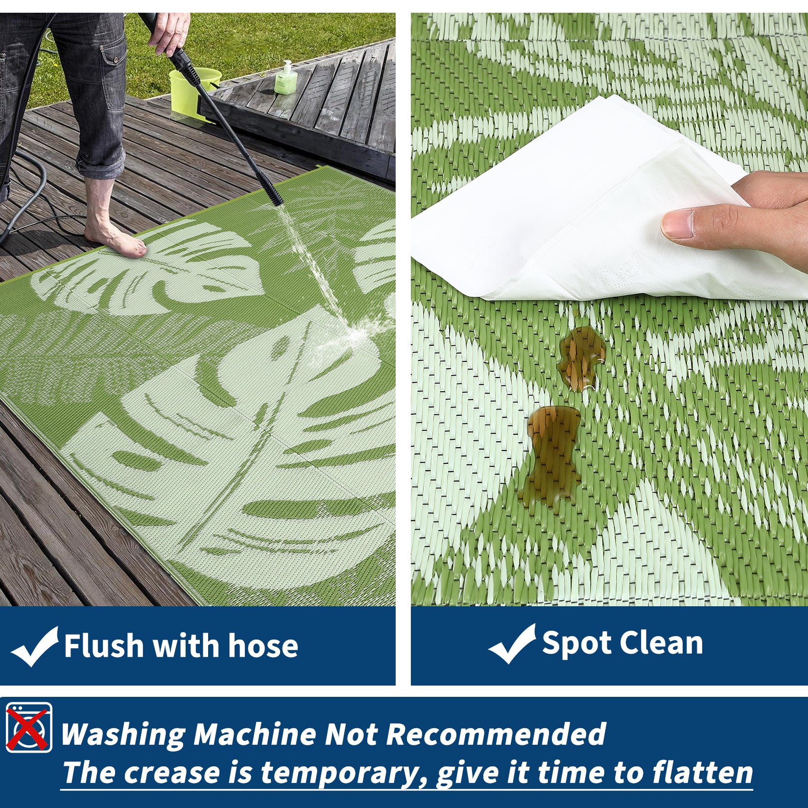 Garvee Waterproof Reversible Outdoor Rug 8x10ft - Collapsible Plastic Straw Patio Mat - Washable, UV Resistant, Modern Carpet - Perfect for Deck, Porch, Garden, RV, Camping, Picnic - Includes Carry Bag - Grass Green
