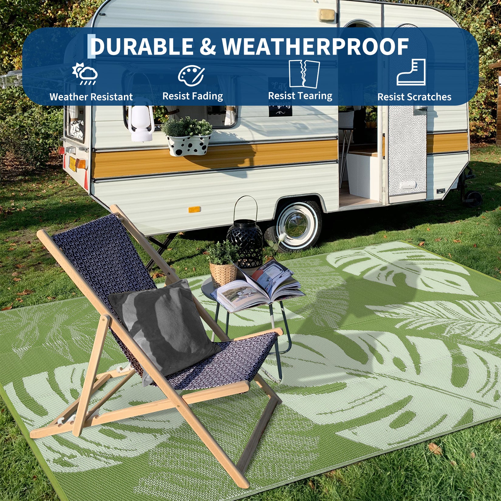 Garvee Waterproof Reversible Outdoor Rug 8x10ft - Collapsible Plastic Straw Patio Mat - Washable, UV Resistant, Modern Carpet - Perfect for Deck, Porch, Garden, RV, Camping, Picnic - Includes Carry Bag - Grass Green