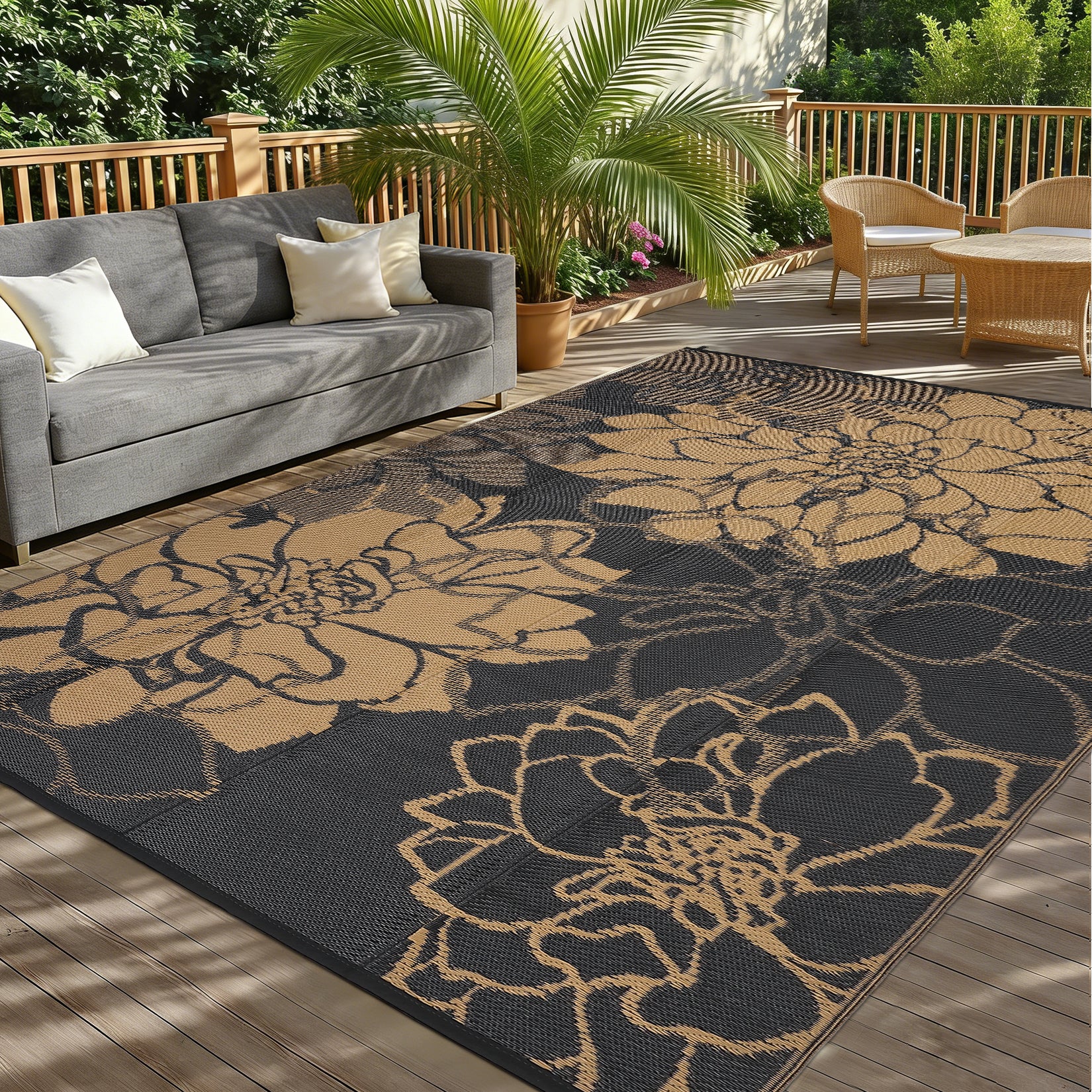 Garvee Outdoor Patio Rug 8x10 Waterproof Reversible Floral Design Plastic Straw Rug with Stakes Portable Bag for Camping Balcony Deck
