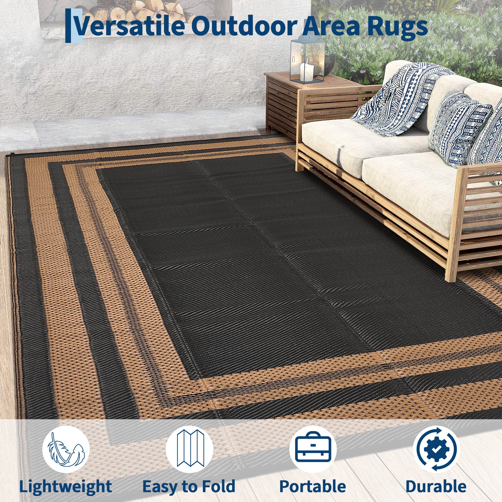 Garvee Outdoor Rug 10x14 Large Waterproof Plastic Straw Rug for Patio, Camping, RV, Black/Brown Panel, Reversible, Lightweight
