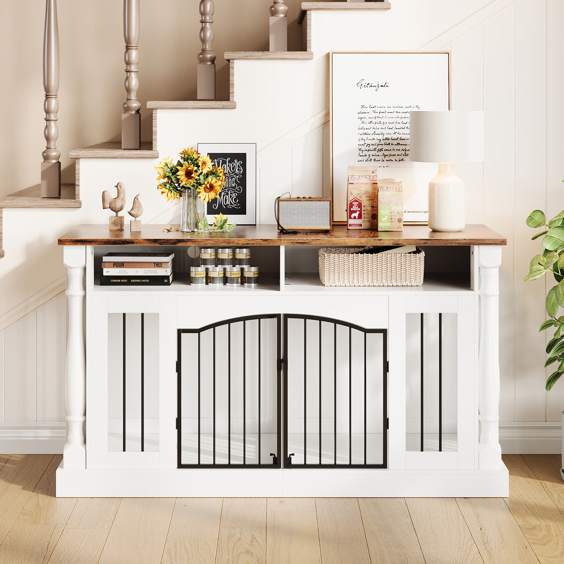 Garvee Roman Column 63 Inch Large Dog Crate Furniture for 2 Dogs with Open Storage, Heavy Duty Dog Kennel Entertainment Table TV Stand for Small and Medium Dogs