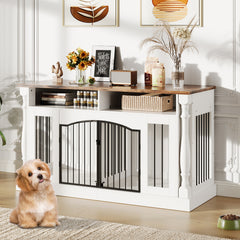Garvee Roman Column 63 Inch Large Dog Crate Furniture for 2 Dogs with Open Storage, Heavy Duty Dog Kennel Entertainment Table TV Stand for Small and Medium Dogs - White+Brown Table Top