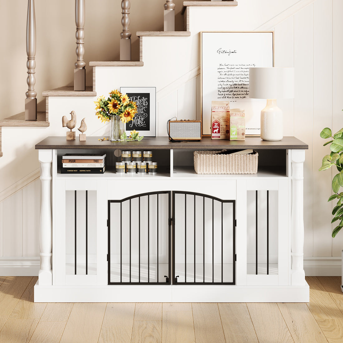 Garvee Roman Column 63 Inch Large Dog Crate Furniture for 2 Dogs with Open Storage, Heavy Duty Dog Kennel Entertainment Table TV Stand for Small and Medium Dogs, Dark Walnut Top