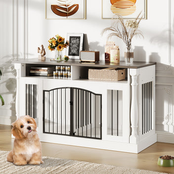 Garvee Roman Column 63 Inch Large Dog Crate Furniture for 2 Dogs with Open Storage, Heavy Duty Dog Kennel Entertainment Table TV Stand for Small and Medium Dogs, Dark Walnut Top