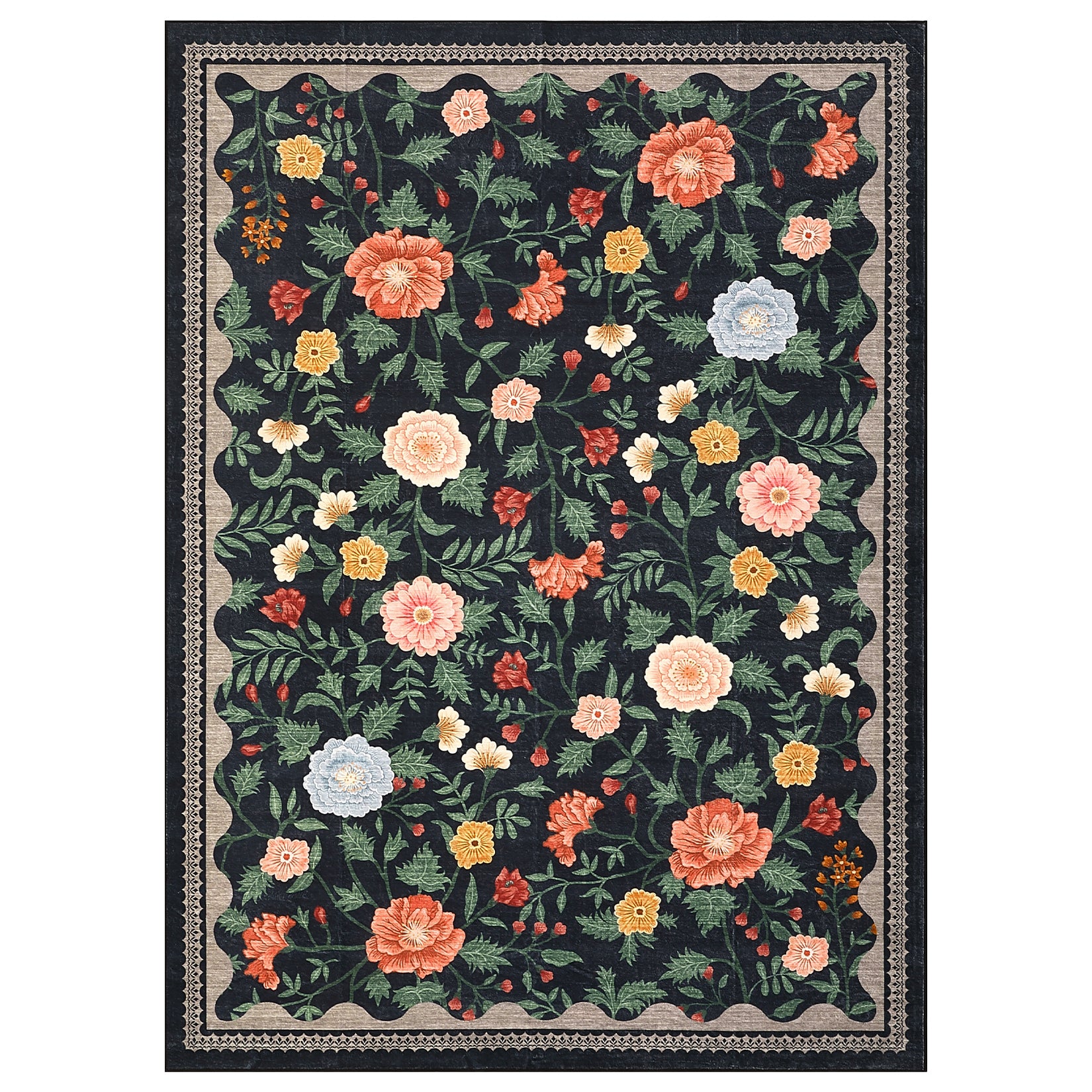 Garvee Washable Rugs 8x10 Area Rug Floral Non-Slip Low Pile Faux Wool Ultra-Soft Black for Living Room Bedroom Dining Room Nursery