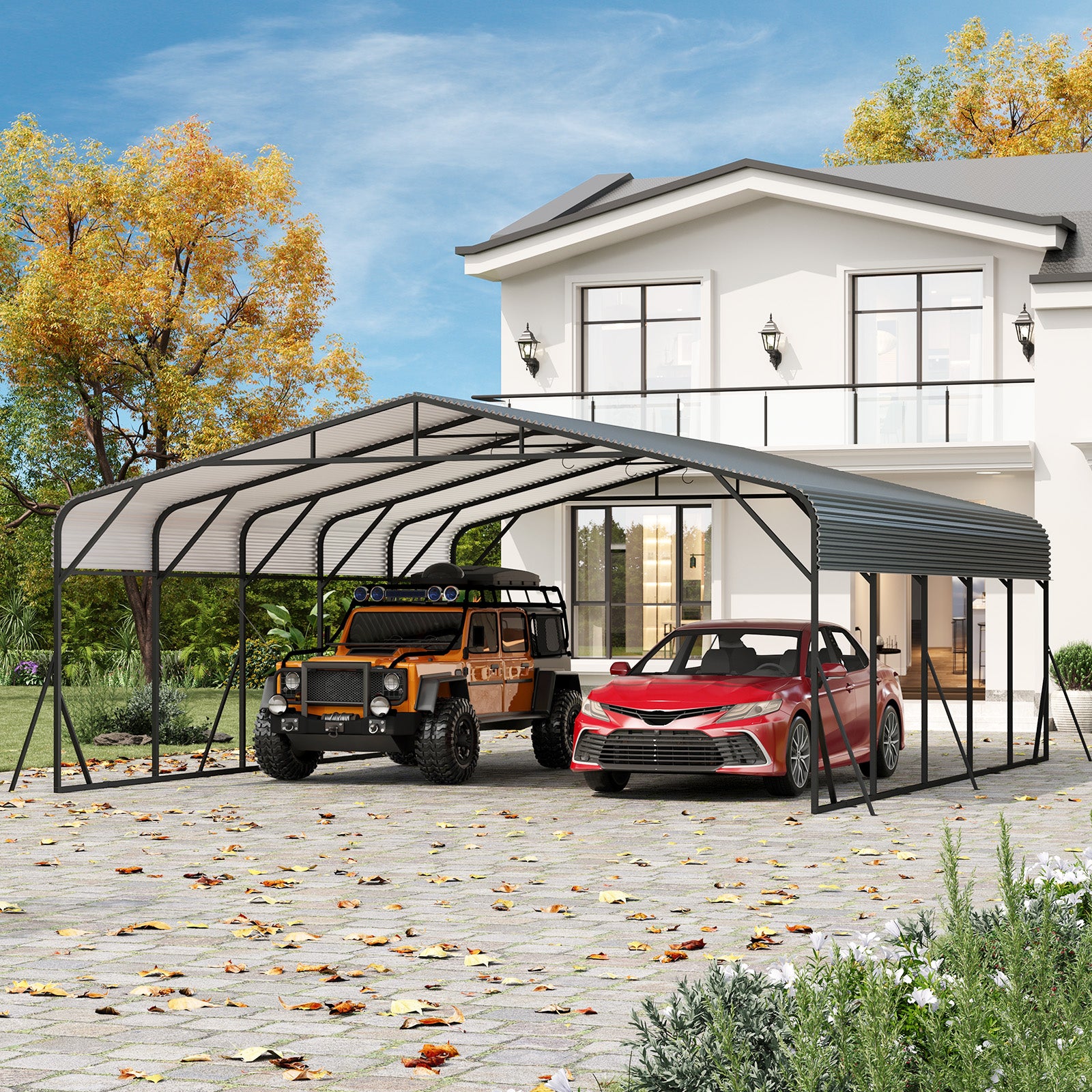 Garvee Heavy Duty Metal Carport 20x25 ft – Reinforced Base & Galvanized Steel Roof – Weather-Resistant Outdoor Car Shelter for SUV, Truck, Boat Storage – Gray