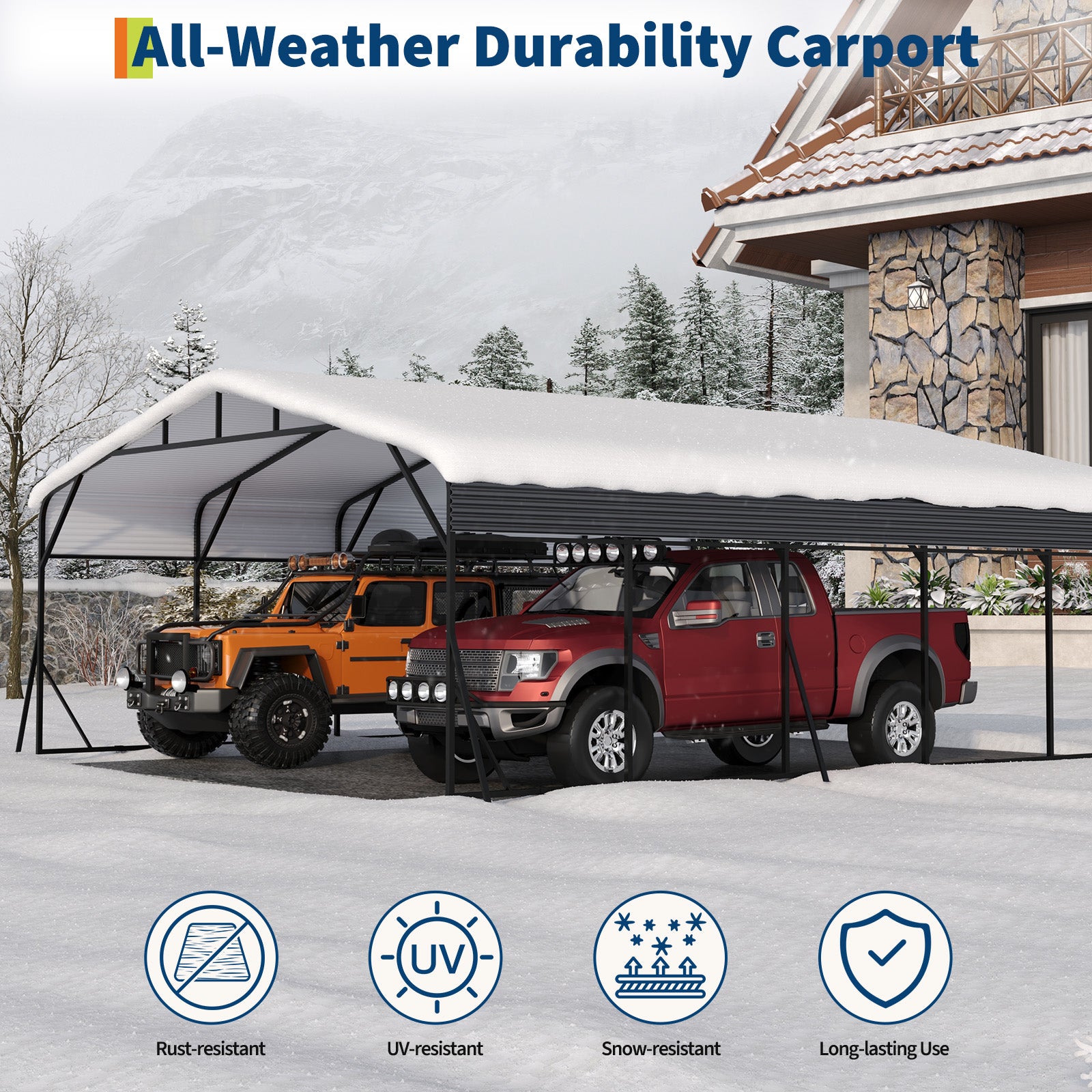 Garvee Heavy Duty Metal Carport 20x25 ft – Reinforced Base & Galvanized Steel Roof – Weather-Resistant Outdoor Car Shelter for SUV, Truck, Boat Storage – Gray