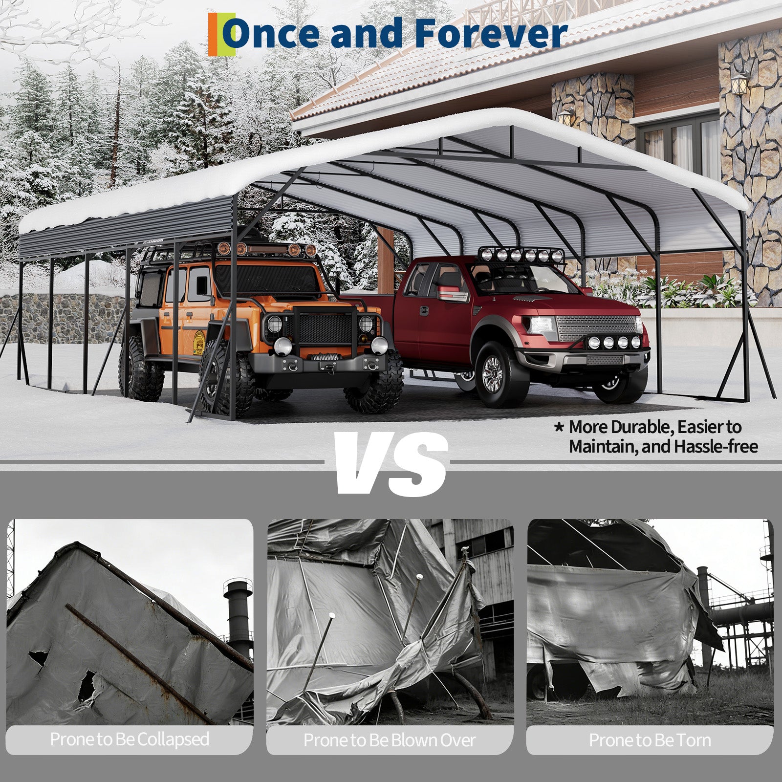 Garvee Heavy Duty Metal Carport 20x25 ft – Reinforced Base & Galvanized Steel Roof – Weather-Resistant Outdoor Car Shelter for SUV, Truck, Boat Storage – Gray
