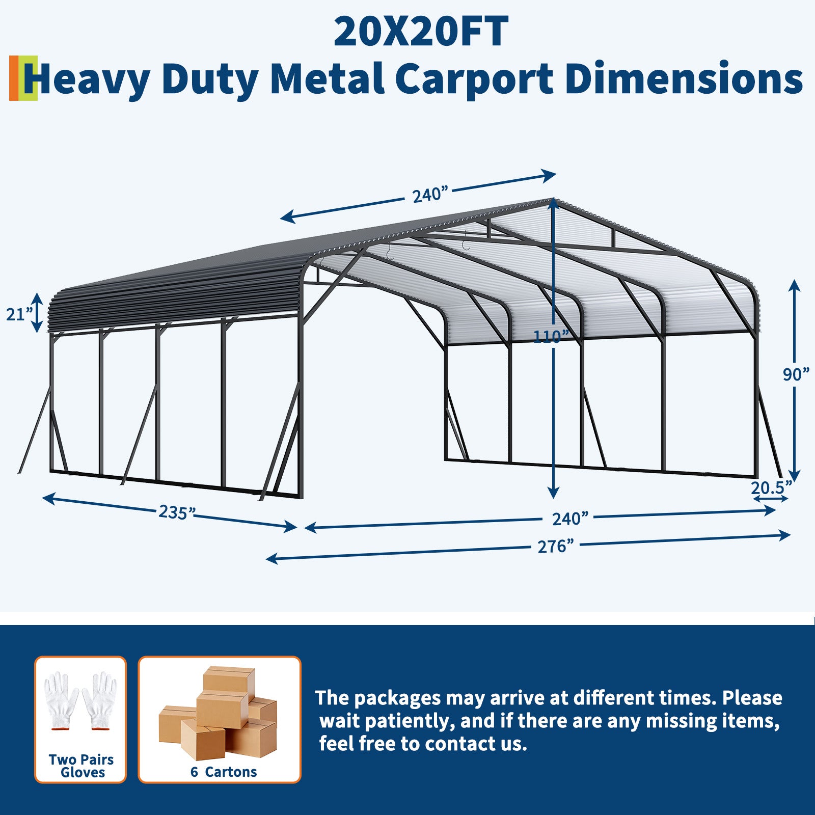 Garvee Heavy Duty 20x20 FT Metal Carport with Reinforced Base and Galvanized Steel Roof - Outdoor Weatherproof Garage Shelter Canopy for SUV, Truck, Boats - Grey