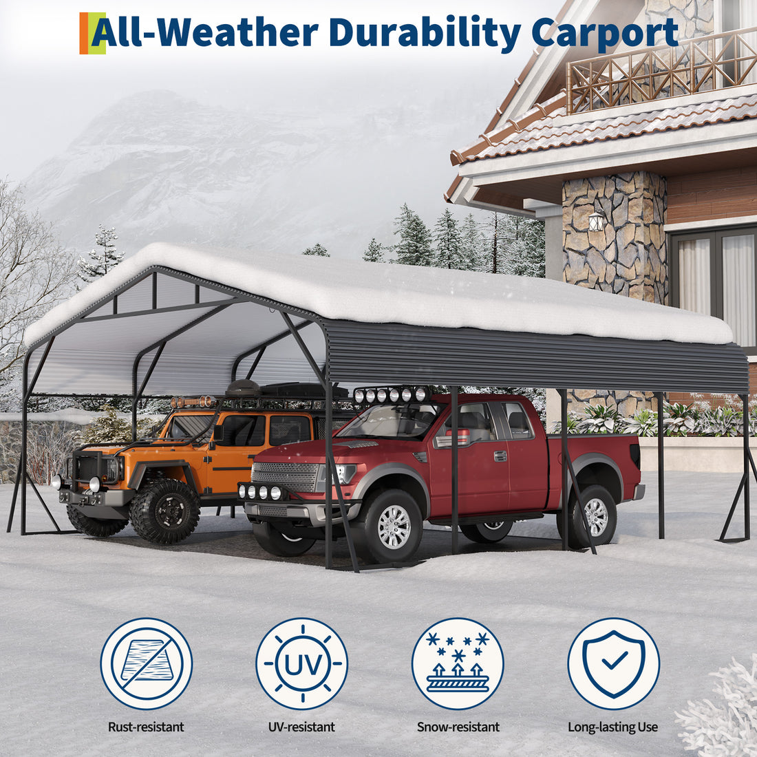 Garvee Heavy Duty 20x20 FT Metal Carport with Reinforced Base and Galvanized Steel Roof - Outdoor Weatherproof Garage Shelter Canopy for SUV, Truck, Boats - Grey