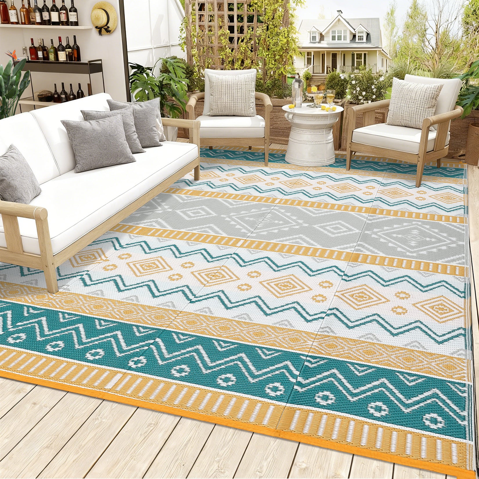 Garvee Outdoor Area Rug Waterproof Plastic Straw Rug, Boho Reversible RV Mat, Stain-Resistant Indoor Outdoor Carpet for Picnic, Deck, Balcony, Beach, Patio, 10' × 20'