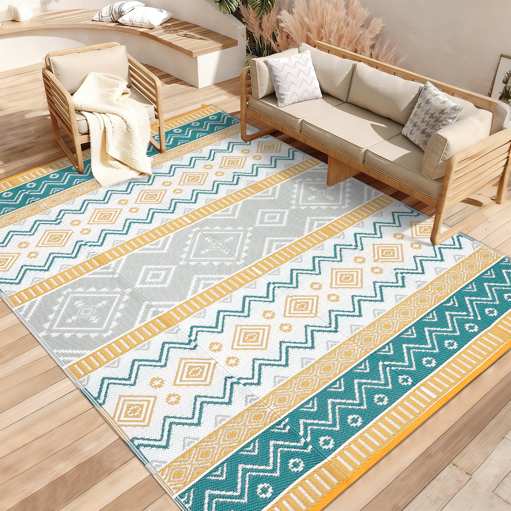 Garvee Outdoor Area Rug Waterproof Plastic Straw Rug, Boho Reversible RV Mat, Stain-Resistant Indoor Outdoor Carpet for Picnic, Deck, Balcony, Beach, Patio, 10' × 20'
