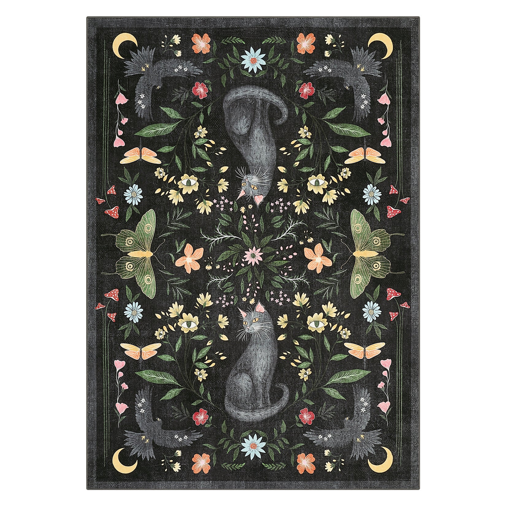 Garvee Washable Cat Floral Area Rug 6x9, Non Slip Soft Low Pile Indoor Rug, Cute Animal Floral Pattern, Easy Clean Durable Rug for Living Room Bedroom, Black
