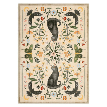 Garvee 6x9 Cat Floral Area Rug, Washable Non-Slip Low Pile Soft Vintage Botanical Animal Rug for Living Room Bedroom Nursery Playroom, Camel