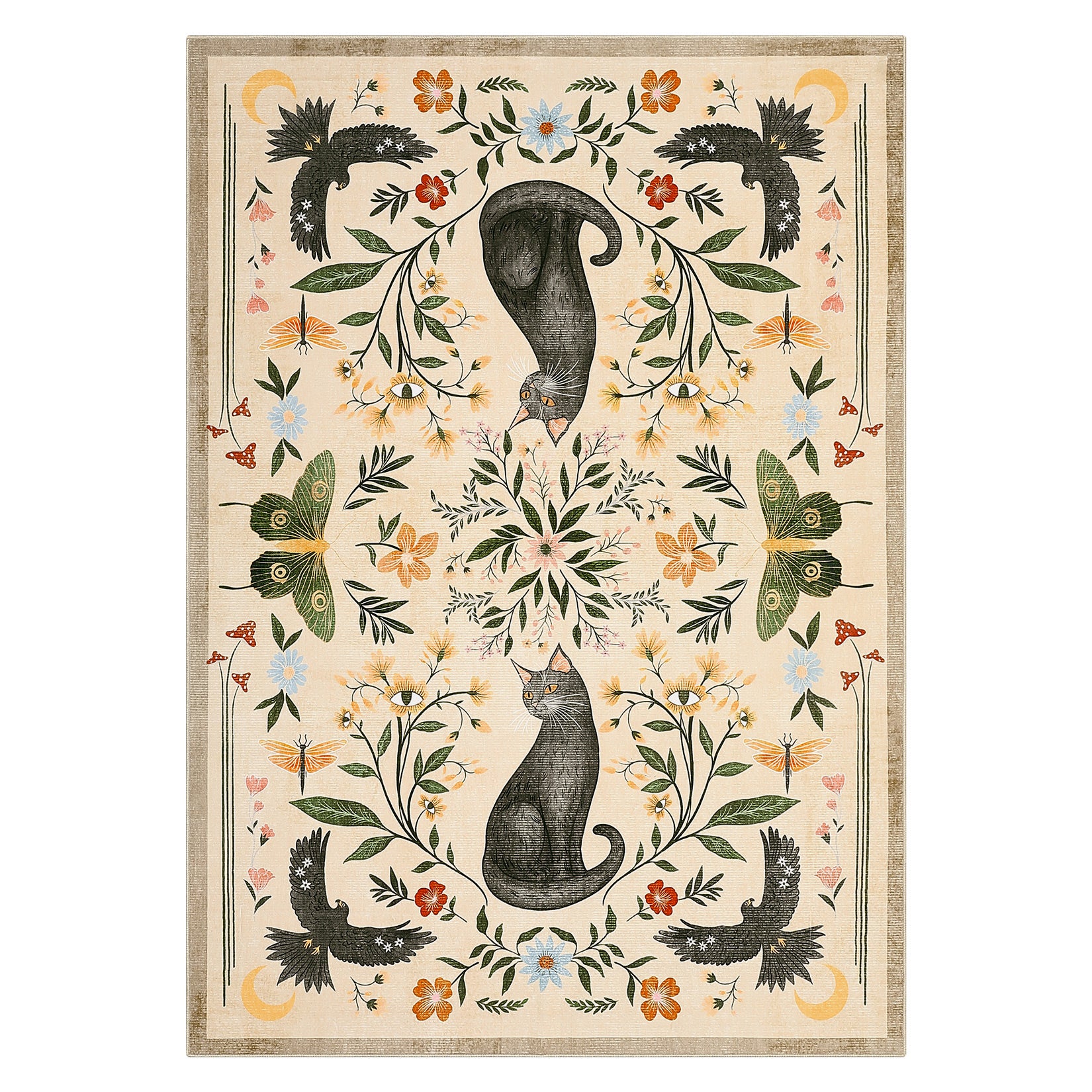 Garvee 8x10 Cat Floral Area Rug, Washable Non-Slip Low Pile Soft Vintage Botanical Animal Rug for Living Room Bedroom Nursery Playroom, Camel