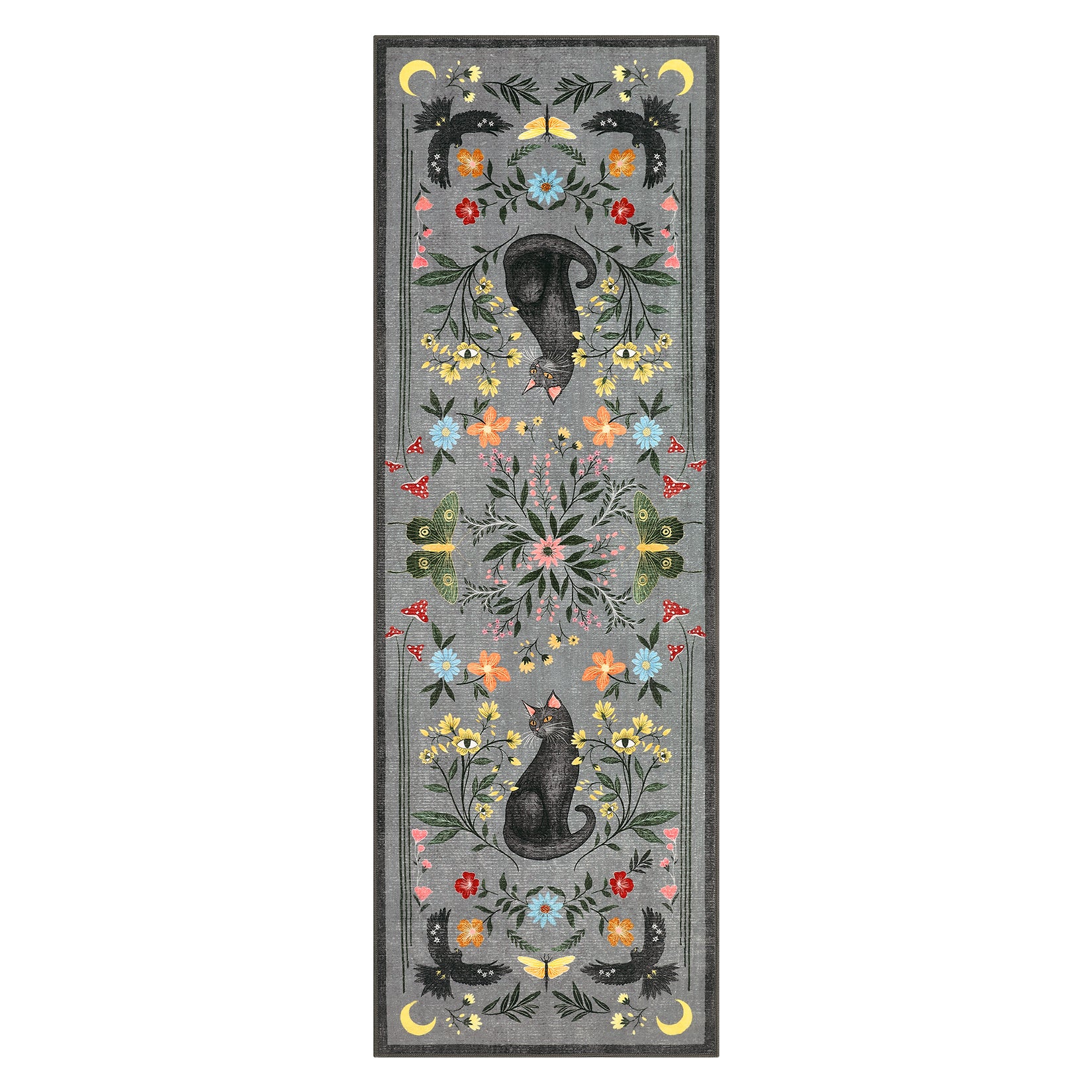 Garvee Washable Cat Floral Runner Rug 2x6, Non Slip Soft Low Pile Indoor Rug, Cute Animal Flower Design, Easy Clean Durable Hallway Kitchen Runner Rug, Gray
