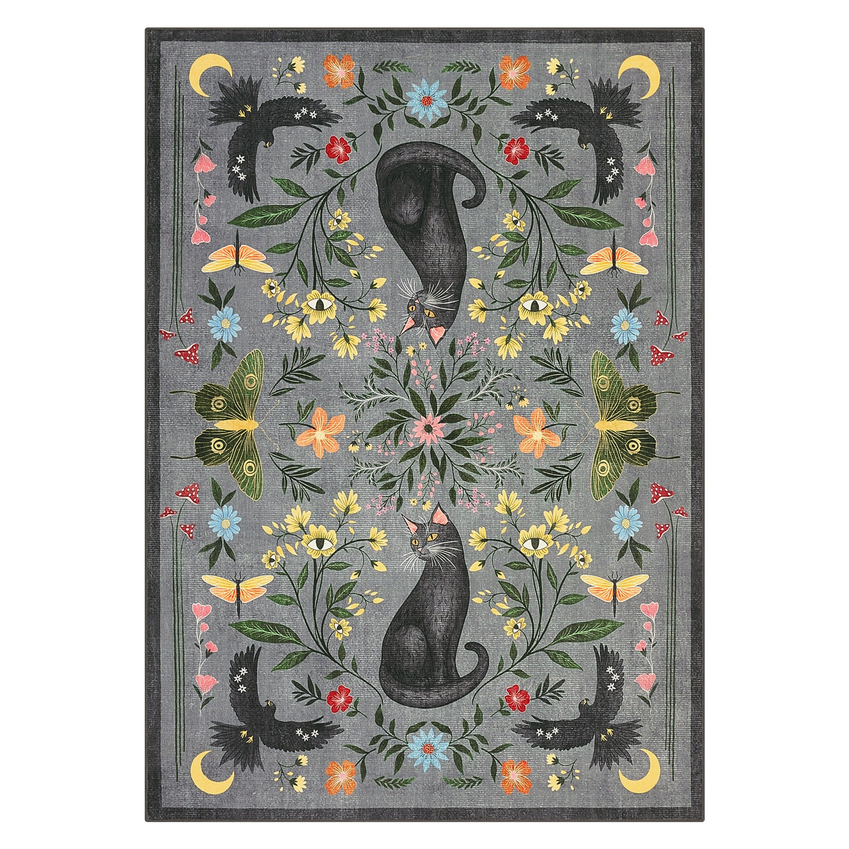 Washable Cat Floral Area Rug 9x12, Non Slip Soft Low Pile Indoor Rug, Cute Animal Floral Pattern, Easy Clean Durable Large Room Area Rug, Gray
