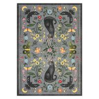 Washable Cat Floral Area Rug 9x12, Non Slip Soft Low Pile Indoor Rug, Cute Animal Floral Pattern, Easy Clean Durable Large Room Area Rug, Gray