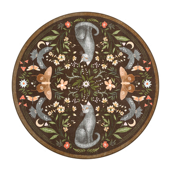 Garvee 5ft Round Cat Floral Area Rug, Washable Non-Slip Soft Low Pile Circle Rug, Vintage Botanical Animal Design for Bedroom, Living Room, Nursery, Playroom, Brown