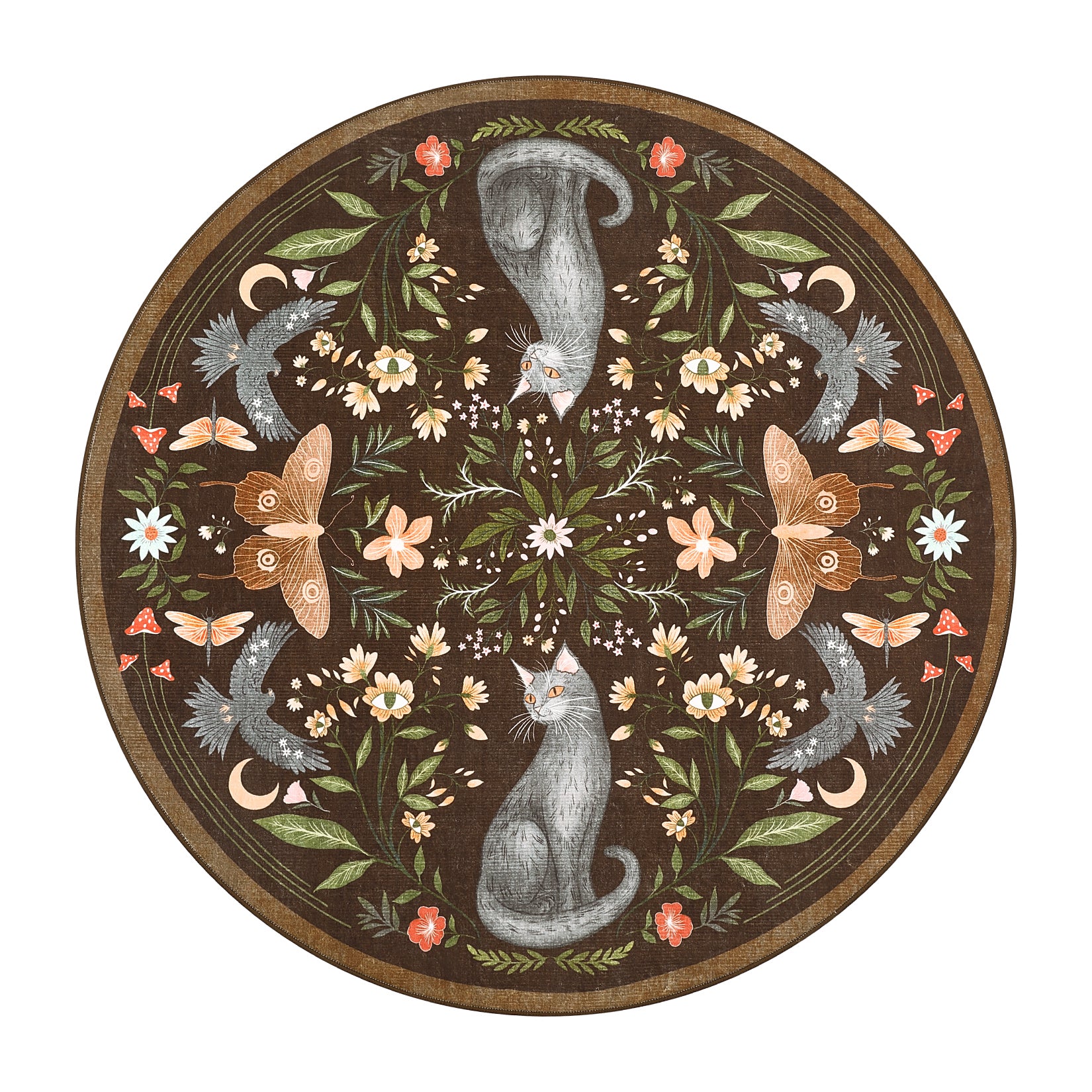 Garvee 5ft Round Cat Floral Area Rug, Washable Non-Slip Soft Low Pile Circle Rug, Vintage Botanical Animal Design for Bedroom, Living Room, Nursery, Playroom, Brown