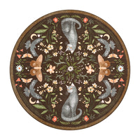 Garvee 5ft Round Cat Floral Area Rug, Washable Non-Slip Soft Low Pile Circle Rug, Vintage Botanical Animal Design for Bedroom, Living Room, Nursery, Playroom, Brown