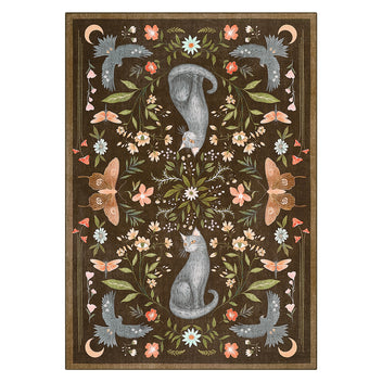 Garvee 9x12 Cat Floral Area Rug, Washable Non-Slip Soft Low Pile Vintage Botanical Circle Rug, Cute Animal Design Carpet for Living Room Bedroom Nursery Playroom, Brown