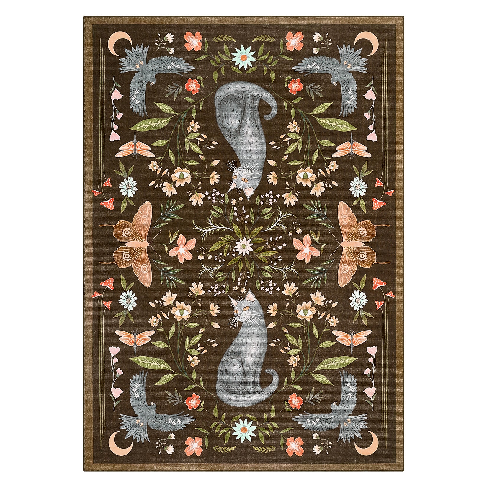 Garvee 5x7 Cat Floral Area Rug, Washable Non-Slip Low Pile Soft Vintage Botanical Animal Rug for Living Room Bedroom Nursery Playroom, Brown