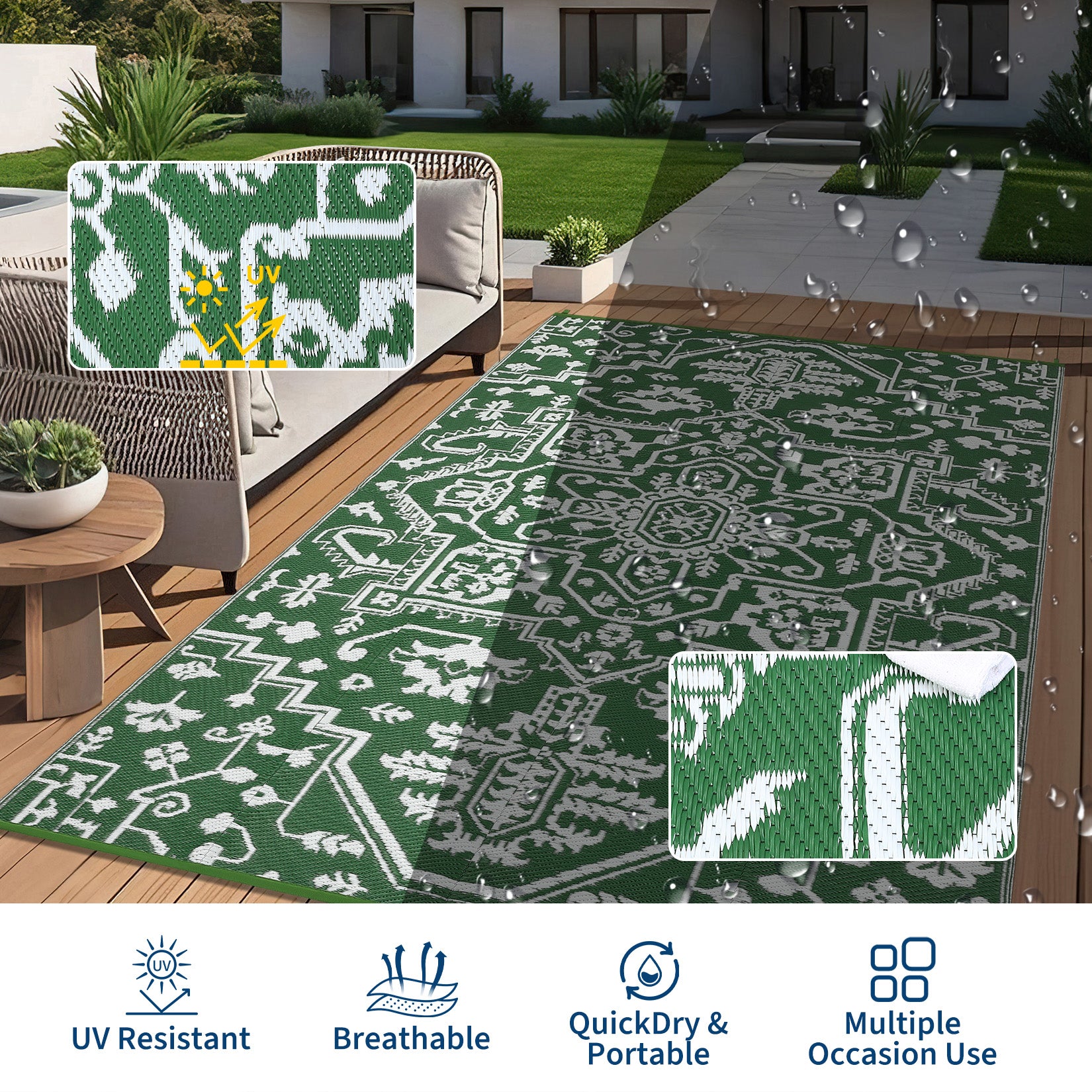 Garvee 9x18 Outdoor Rug Plastic Straw Patio Rug Waterproof UV Resistant Backyard Porch Deck Green White
