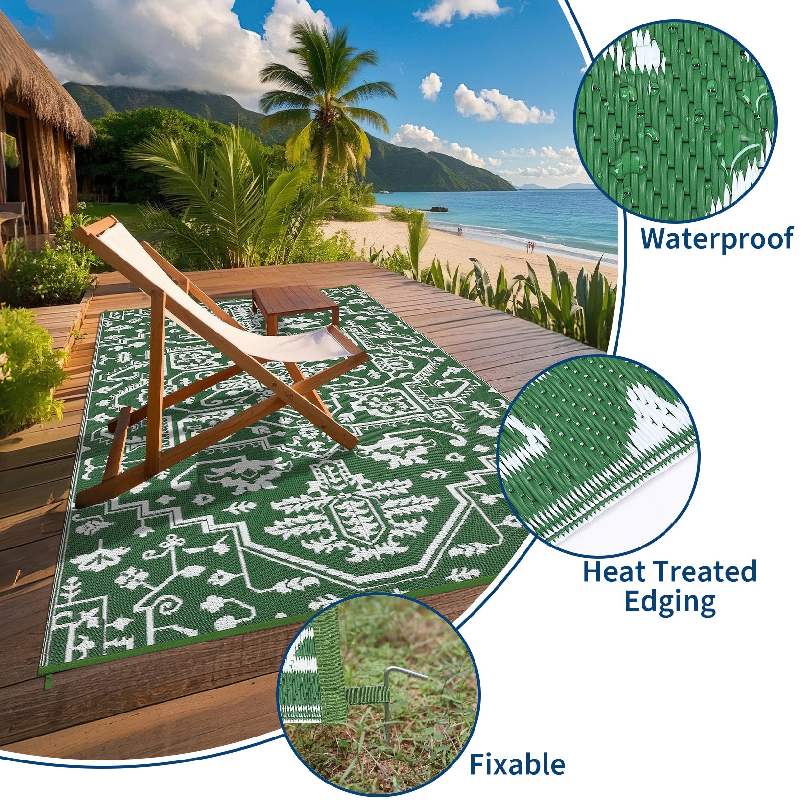 Garvee 9x18 Outdoor Rug Plastic Straw Patio Rug Waterproof UV Resistant Backyard Porch Deck Green White