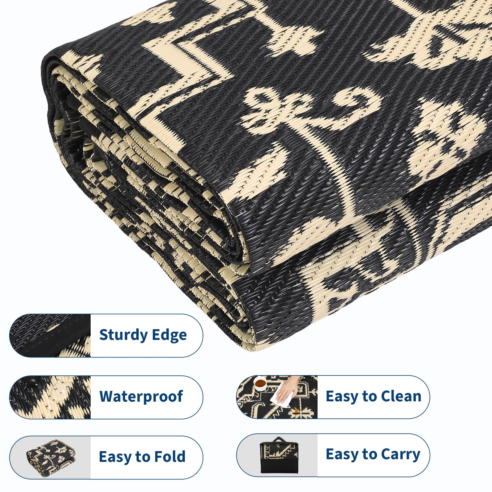 Garvee Waterproof 9x12 Outdoor Rug Reversible Plastic Straw Rug for Patio, Camping, Beach Black/Coffee