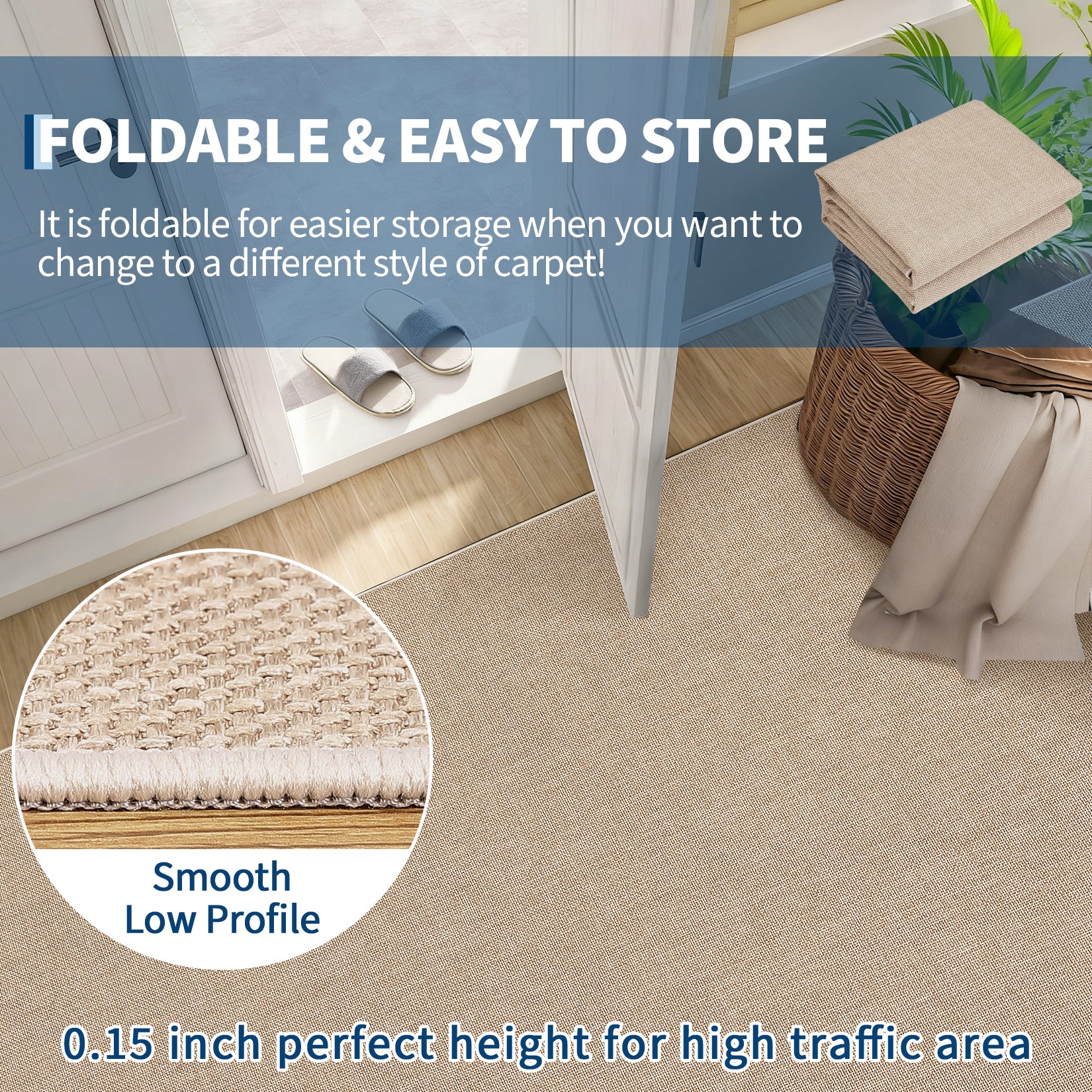Garvee Large Washable Rug 9x12 Sand Beige Modern Solid Rugs for Living Room Bedroom Office, Non Slip, Ultra-Thin, Foldable