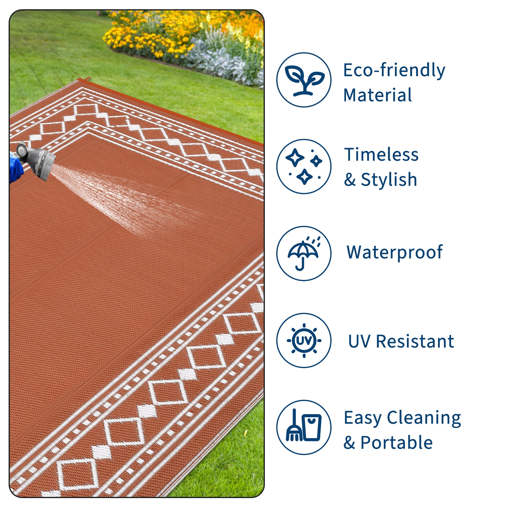Garvee 9' × 18' Outdoor Rug, Waterproof Reversible Plastic Straw Patio Mat with Stakes, Lightweight Foldable RV Camping Rug for Deck, Balcony & Beach, Terracotta/White