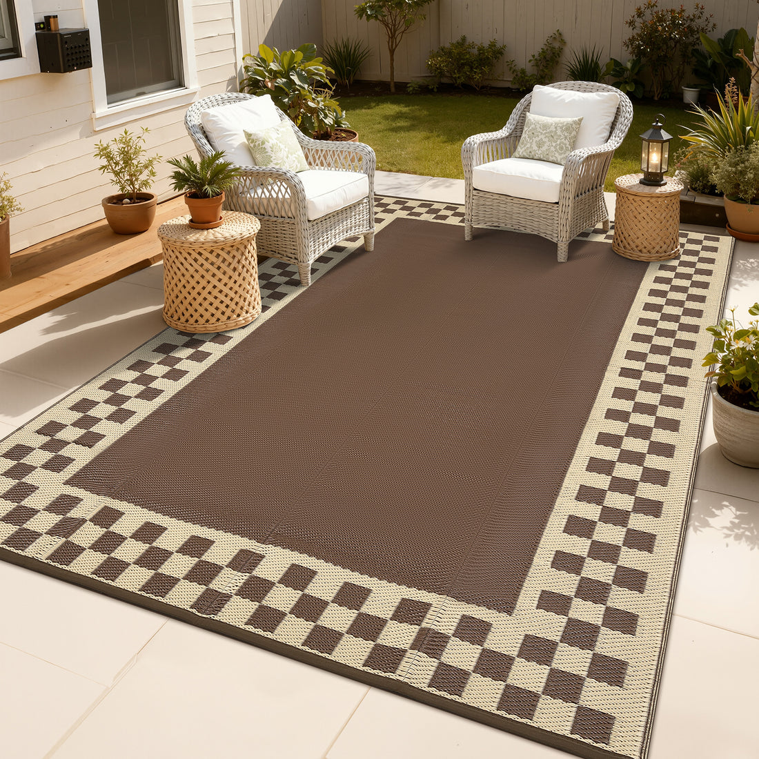 Garvee Outdoor Rug 10x14 Waterproof Fade-Proof Reversible Patio Rug Modern Neutral Outdoor Carpet, Plastic Straw Weather Resistant Large Camping Carpet for Garden Backyard Balcony, Brown