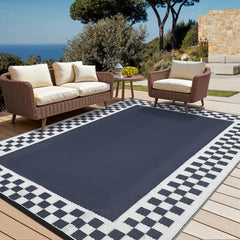 Garvee Waterproof Reversible Outdoor Rug 8x10ft – Durable Modern Checkered Patio Carpet – Floor-Friendly, Weather-Resistant, For Backyard, Porch, Deck, Balcony, Camping, Dark Blue - Dark Blue