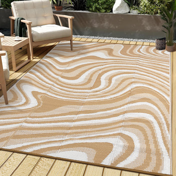 Garvee Porch Rugs Outdoor Waterproof 9x18 Light Brown Modern Plastic Straw Rug with Rubber Particles Backing for Camping Picnic Backyard Deck RV