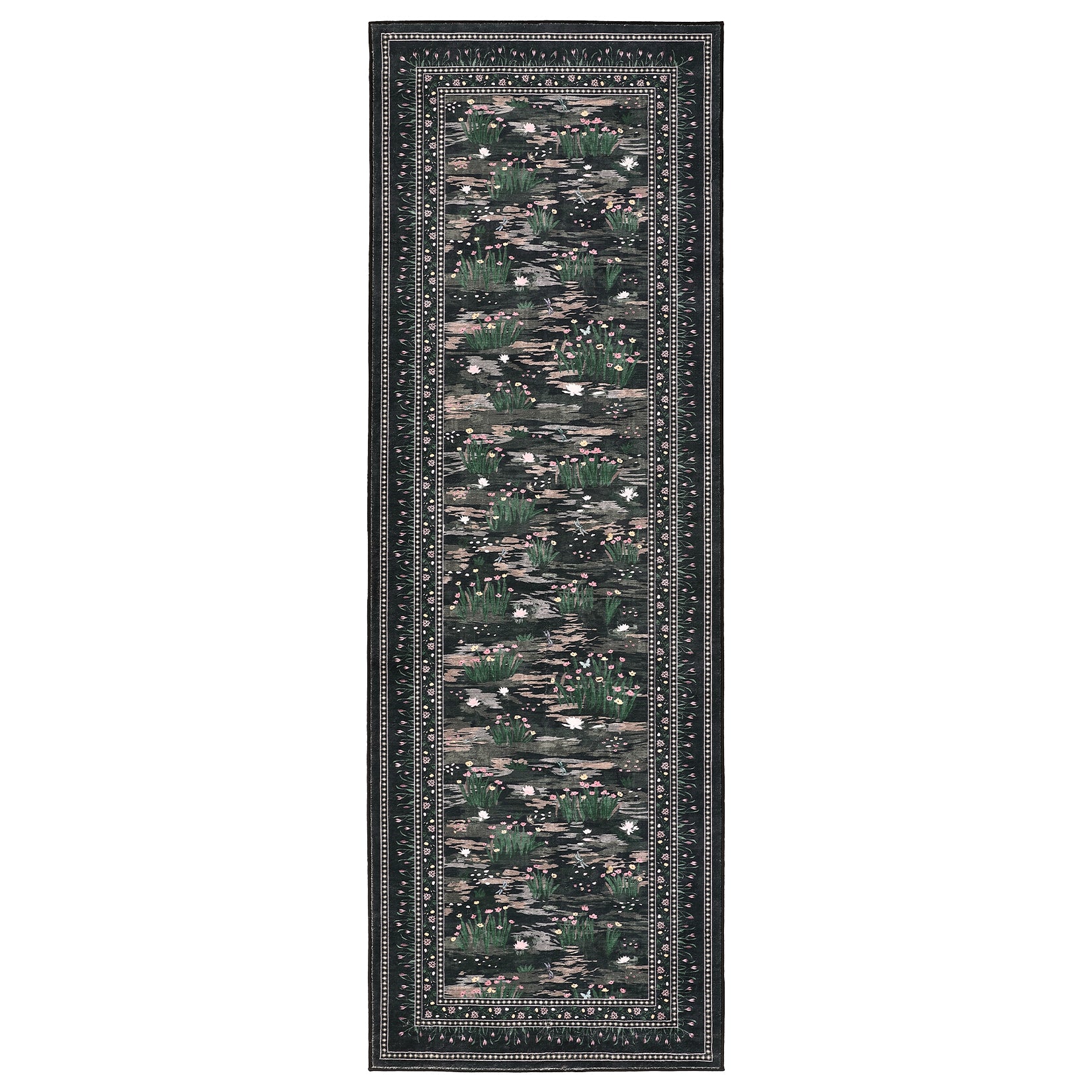 Garvee Black Botanical Kitchen Runner Rug 2x6, Washable Non Slip Low Pile Indoor Carpet, Floral Nature Pond Rug for Hallway Entryway Bedroom Farmhouse Decor